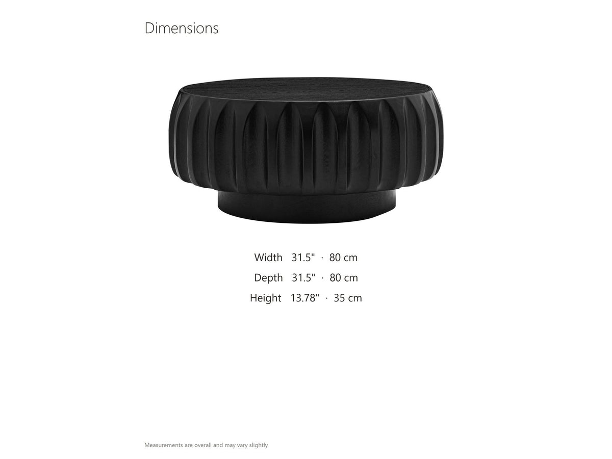 Radda Black Carved Wood Drum Coffee Table dimensions: 31.5 in wide, 31.5 in deep, 13.78 in high