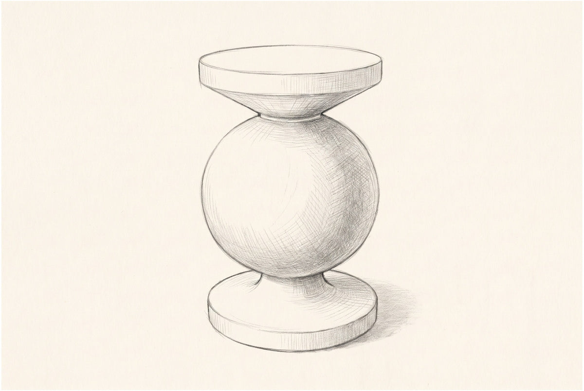 Pencil sketch of the Raffadali sphere pedestal side table, three-quarter view