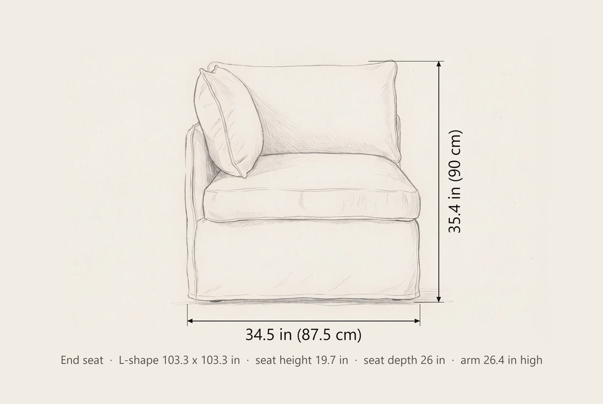 Randazzo end seat dimensions: 34.5 in wide, 35.4 in high; the L-shape is 103.3 in each way
