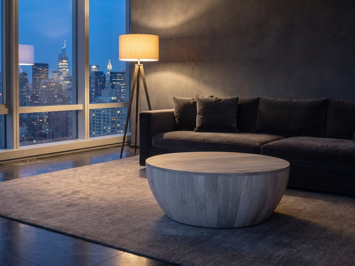 Rapallo Whitewashed Mango Bowl Coffee Table seen from the side, on a wool rug in front of a velvet sofa in a city penthouse at blue hour