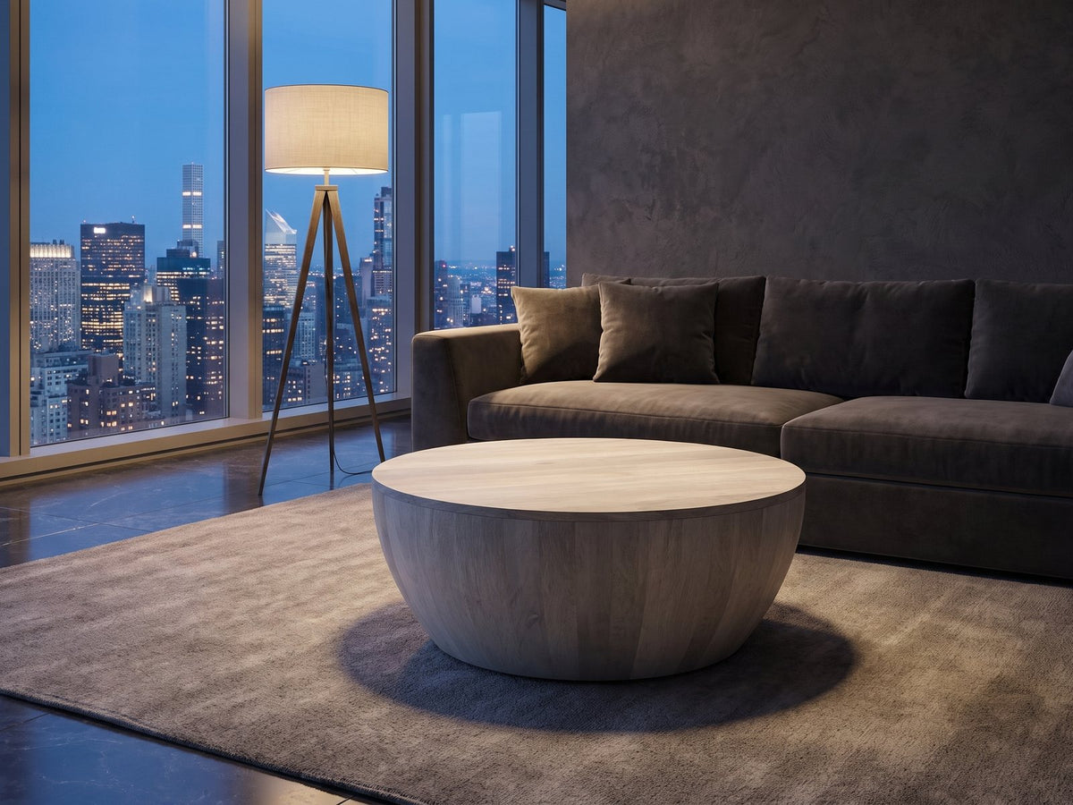 Rapallo Whitewashed Mango Bowl Coffee Table on a wool rug in front of a velvet sofa in a city penthouse at blue hour