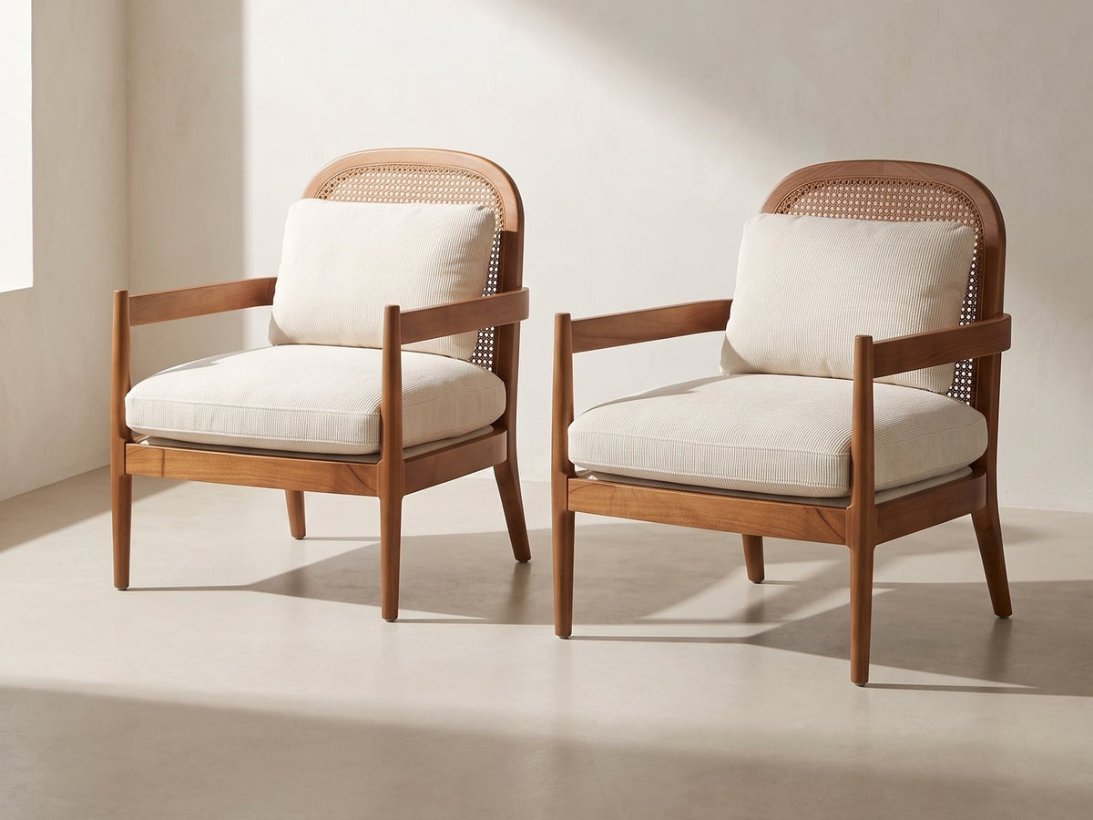 Ravello Cane Accent Chairs, Set of 2 in ivory against a plaster wall in morning light