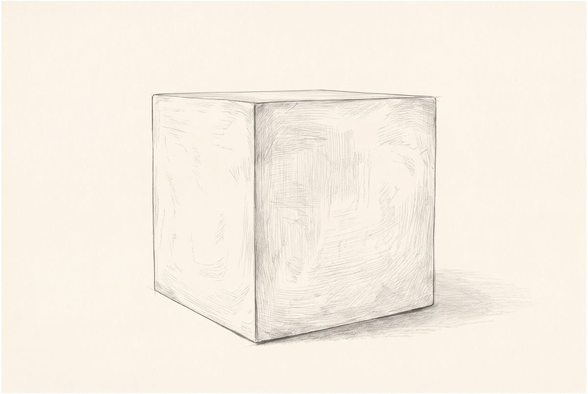 Pencil sketch of the Realmonte cube side table, three-quarter view