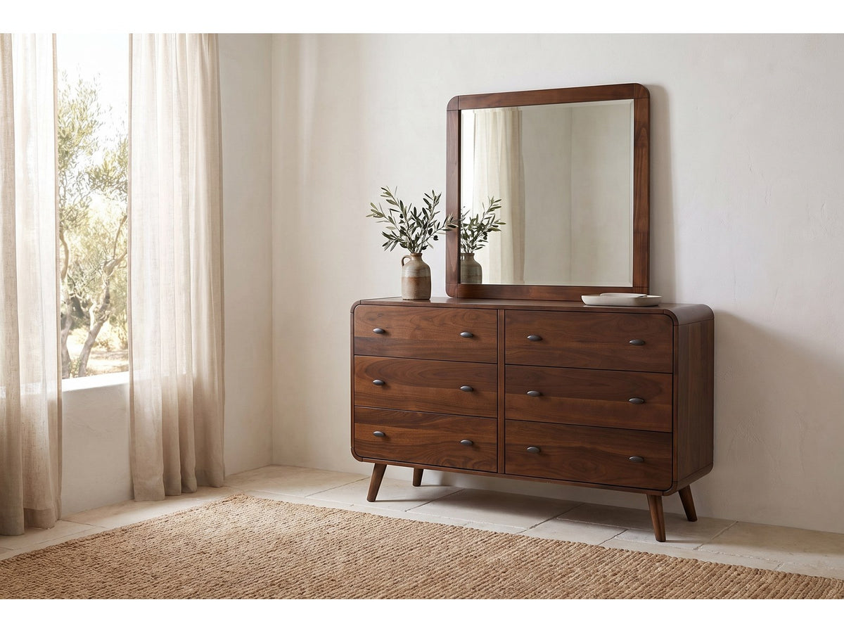 Recanati Dark Walnut Mid-Century Bedroom Set: dresser with its mirror