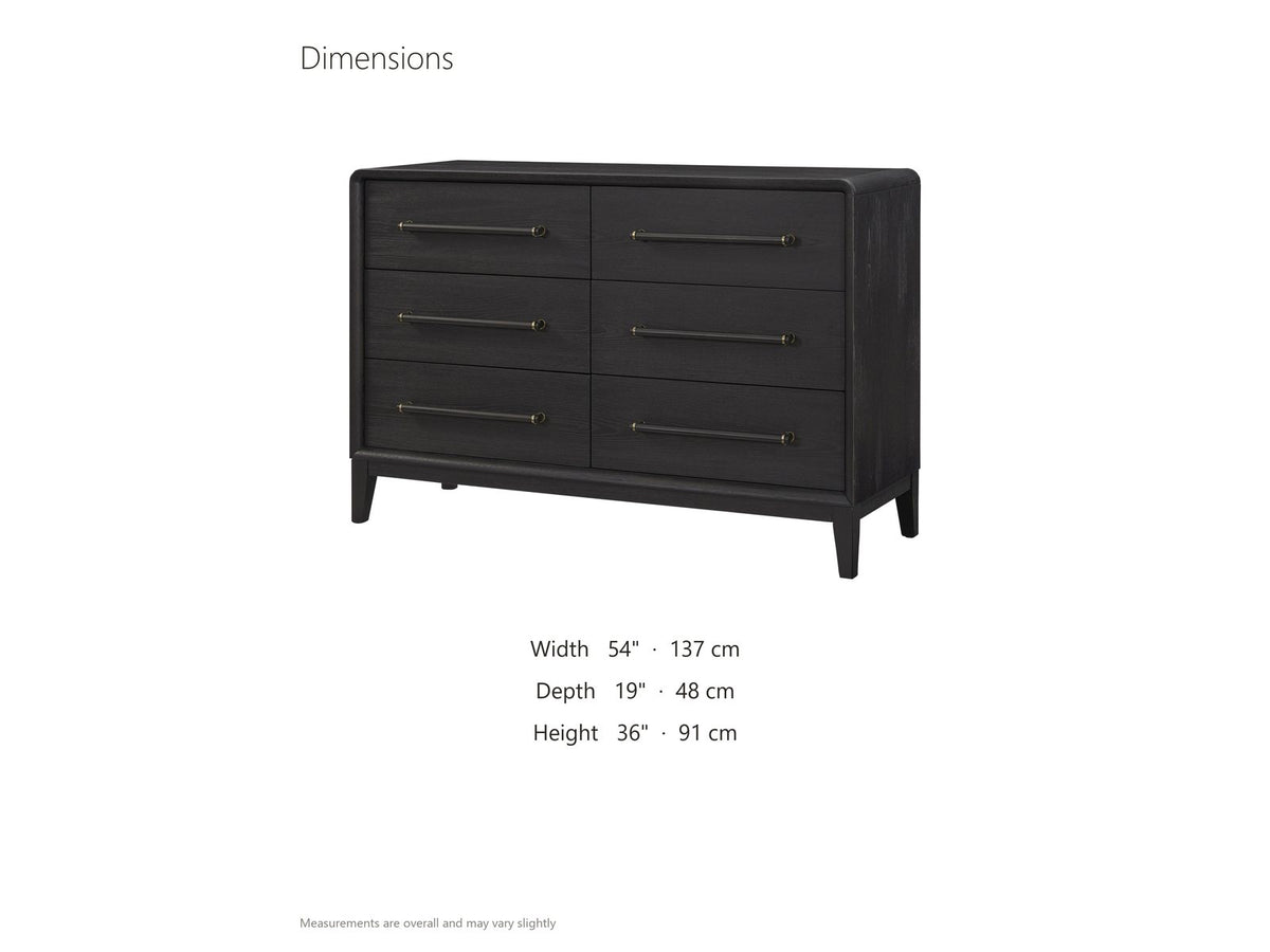Recoaro 54-Inch Peppercorn Black 6-Drawer Dresser dimensions: 54.0 in wide, 19.0 in deep, 36.0 in high