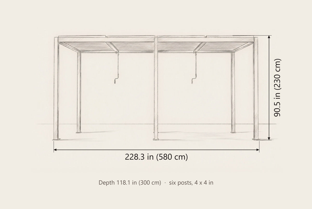 Regalbuto pergola dimensions: 228.3 in long, 90.5 in high, 118.1 in deep, six 4 in square posts