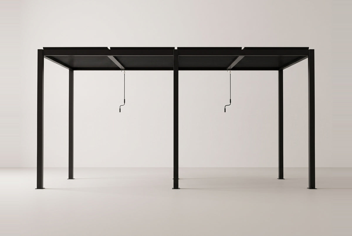 The Regalbuto pergola seen straight on from the long side: six posts, the perimeter beam, the louvered roof and two hanging cranks
