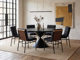 Rende 59-Inch Round Black Oak Hourglass Dining Set with 6 Chairs in an industrial loft dining area