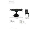 Rende 59-Inch Round Black Oak Hourglass Dining Set with 6 Chairs dimensions: table 59 in across and 30 in high; each chair has a seat 19 in high, 19 in wide and 17.75 in deep, with a back 16 in above the seat