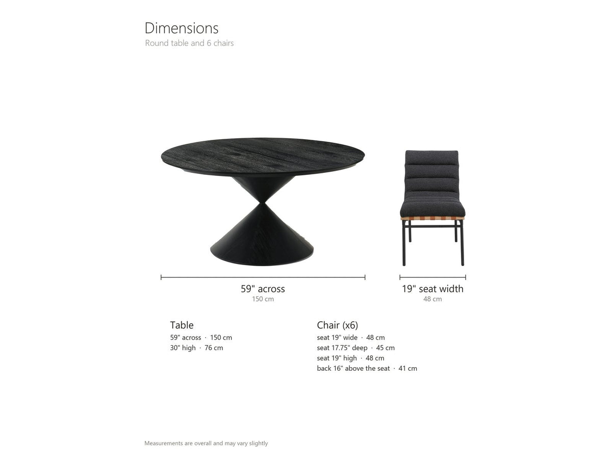 Rende 59-Inch Round Black Oak Hourglass Dining Set with 6 Chairs dimensions: table 59 in across and 30 in high; each chair has a seat 19 in high, 19 in wide and 17.75 in deep, with a back 16 in above the seat