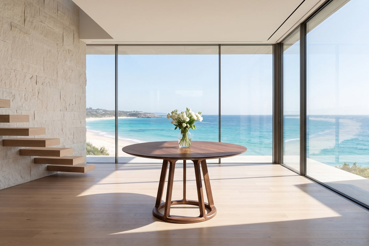 Riace 47-Inch Round Solid American Walnut Dining Table in an oceanfront glass house