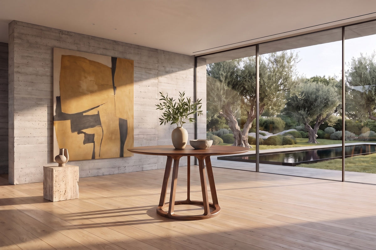 Riace 47-Inch Round Solid American Walnut Dining Table in a sunlit villa dining room