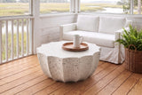 Ribera speckled white coffee table on heart-pine boards on a screened Lowcountry porch near Charleston, a white slipcovered sofa, whitewashed shiplap and the marsh beyond (sofa, tray and pitcher not included)