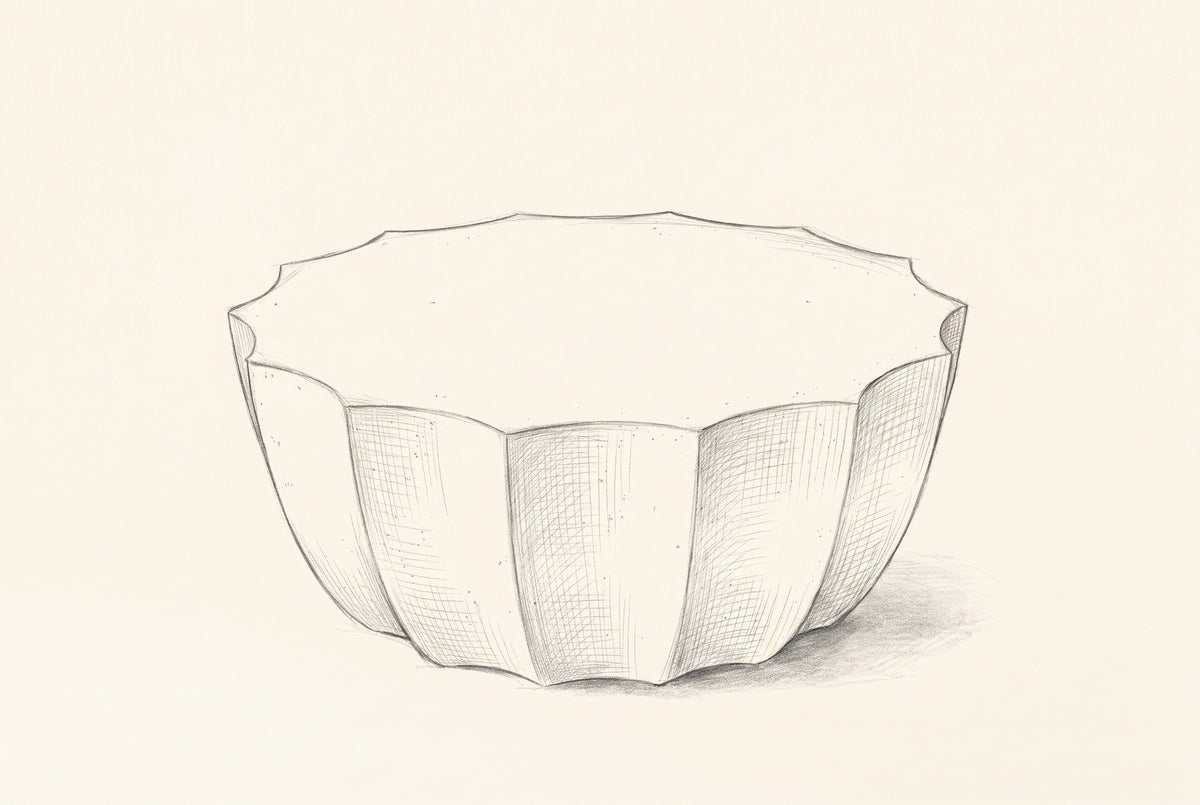 Pencil sketch of the Ribera coffee table, drawn from the same three-quarter view