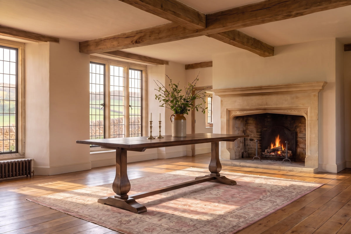 Ricadi 72-Inch Rectangular Reclaimed Pine Trestle Dining Table in an English country dining room