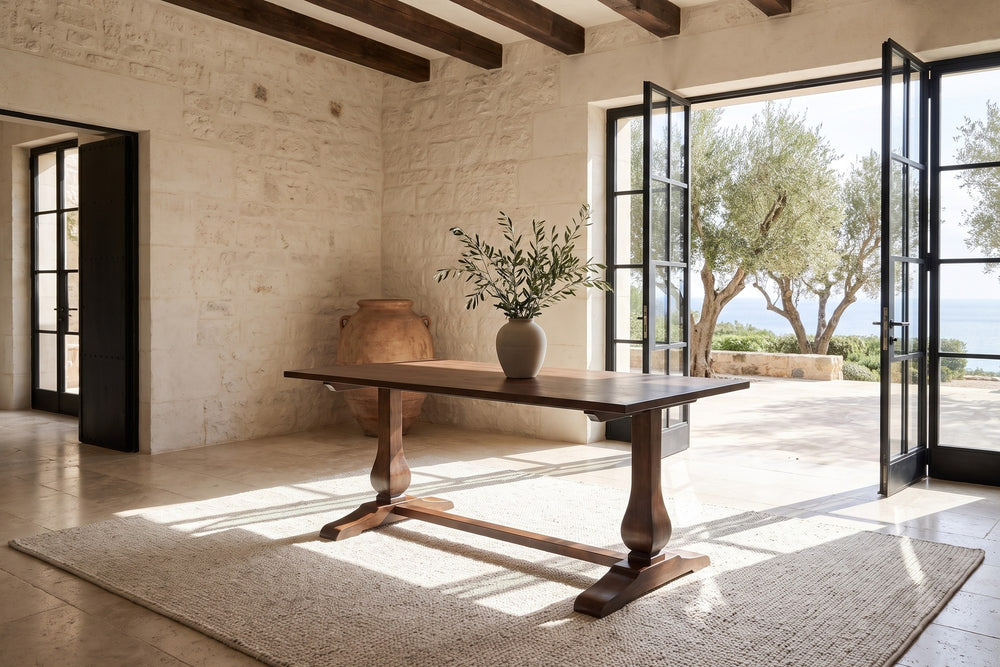 Ricadi 72-Inch Rectangular Reclaimed Pine Trestle Dining Table in a Mediterranean villa