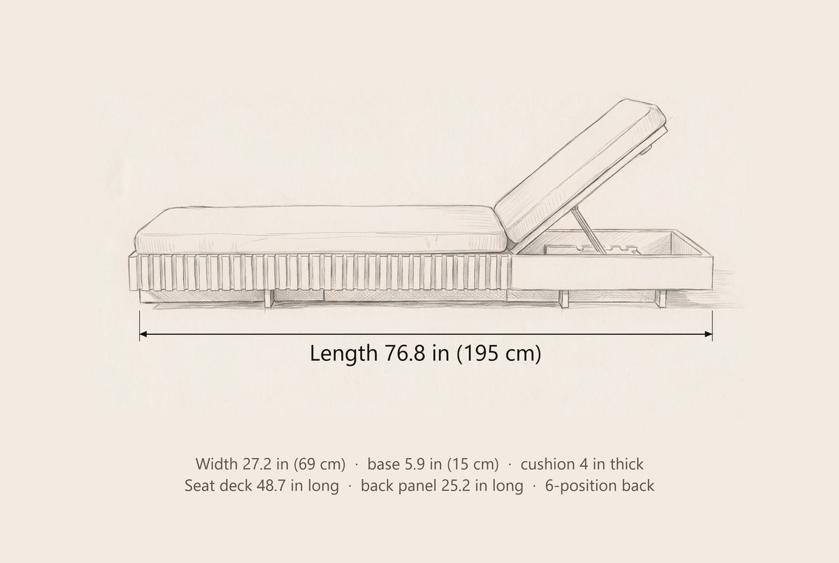 Riesi chaise lounge dimensions: 76.8 in long, 27.2 in wide, base 5.9 in high, back adjusts to 6 positions