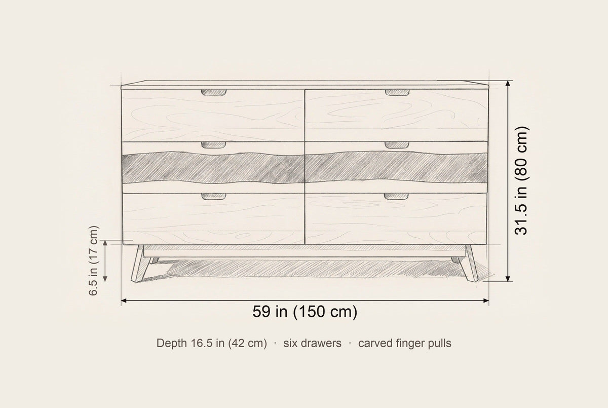 Rionero sideboard dimensions: 59 in wide, 31.5 in high, 16.5 in deep, legs 6.5 in