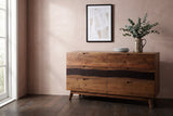 Rionero acacia six-drawer sideboard against a dusty clay-pink plaster wall in a Napa Valley dining room, with a stoneware pitcher of eucalyptus on top