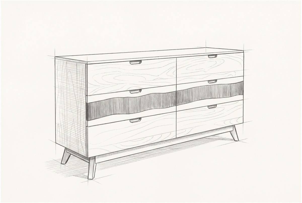 Pencil sketch of the Rionero sideboard, drawn from the same three-quarter view