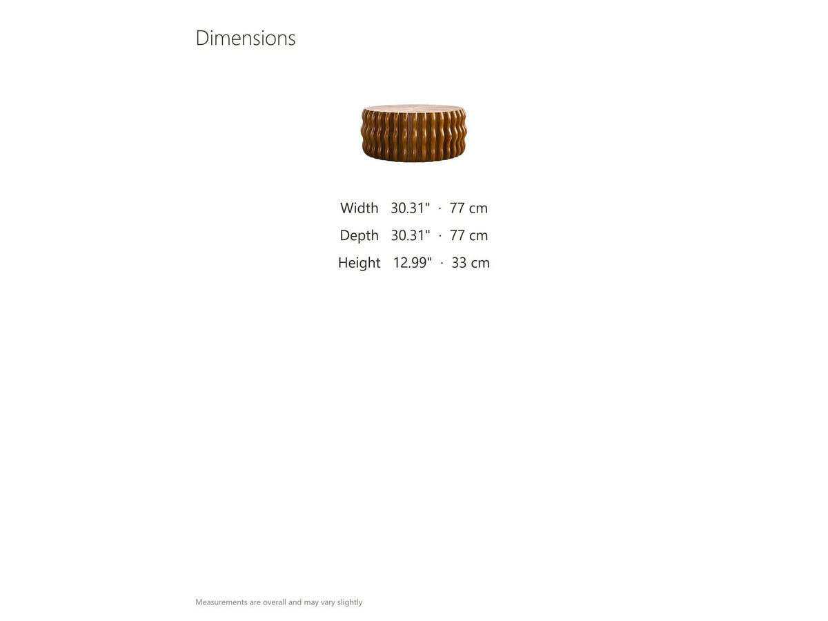 Rivoli 30-Inch Round Carved Wood Drum Coffee Table dimensions: 30.31 in wide, 30.31 in deep, 12.99 in high
