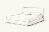 Pencil sketch of the Roccascalegna bed with a mattress and two pillows, drawn from the same three-quarter view