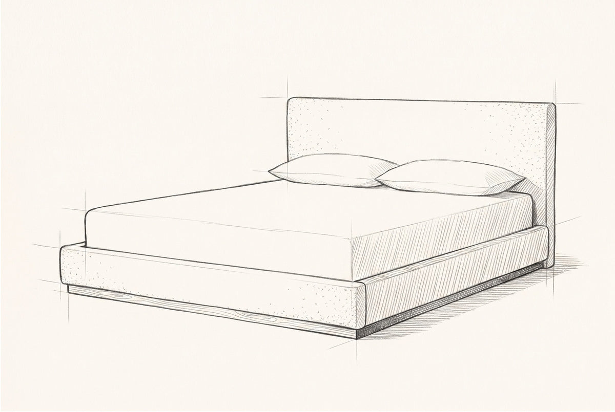 Pencil sketch of the Roccascalegna bed with a mattress and two pillows, drawn from the same three-quarter view