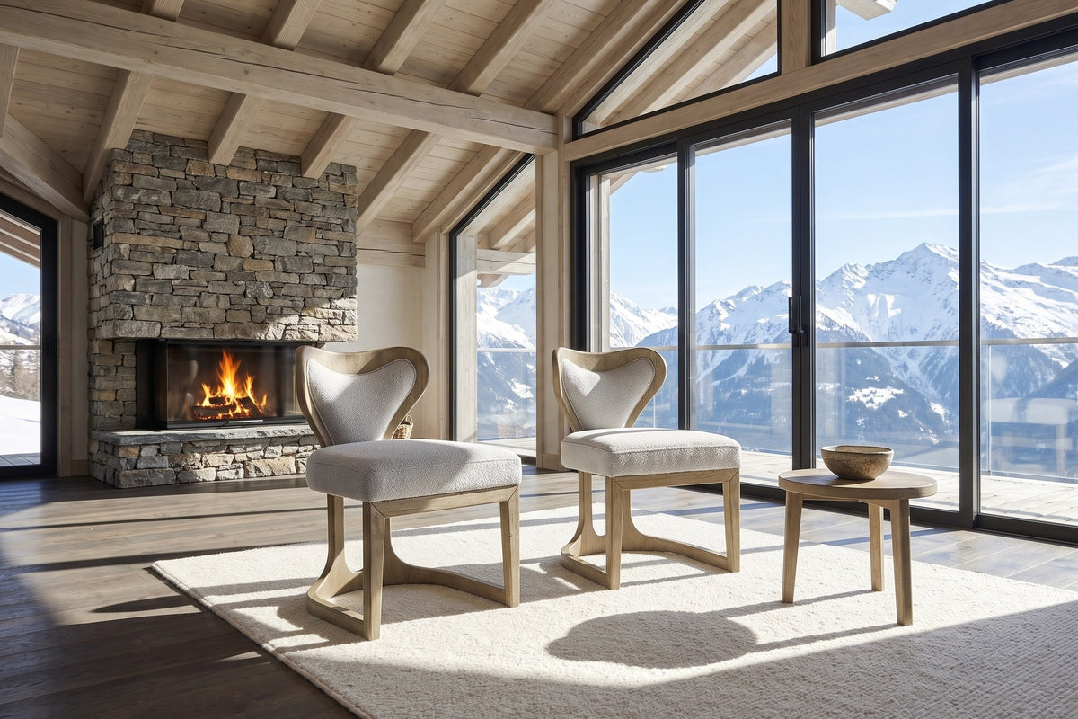 Roccella Sculpted Oak Boucle Dining Chair (Set of 2) in an alpine chalet