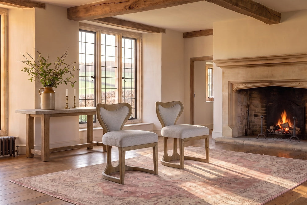 Roccella Sculpted Oak Boucle Dining Chair (Set of 2) in an English country dining room