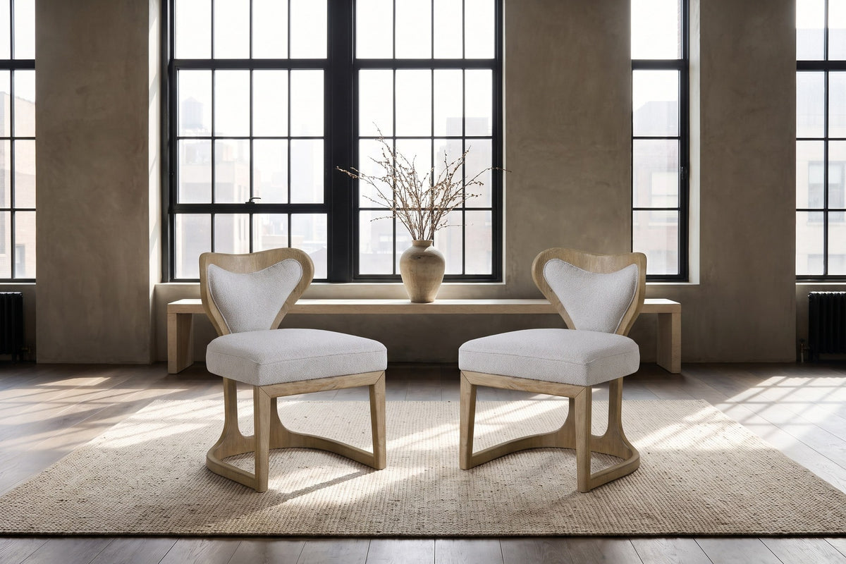 Roccella Sculpted Oak Boucle Dining Chair (Set of 2) in a city loft