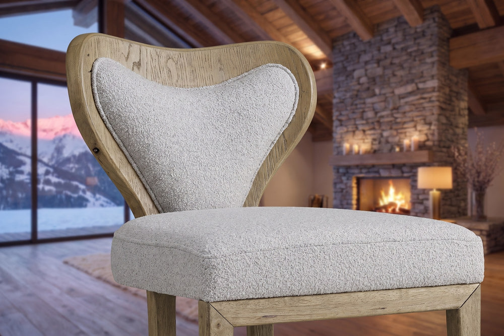 Close-up of the Roccella Sculpted Oak Boucle Dining Chair (Set of 2): back