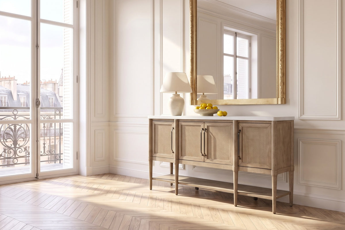 Rombiolo 68-Inch 4-Door Cane and Wood Sideboard with Cement Top in a Paris salon