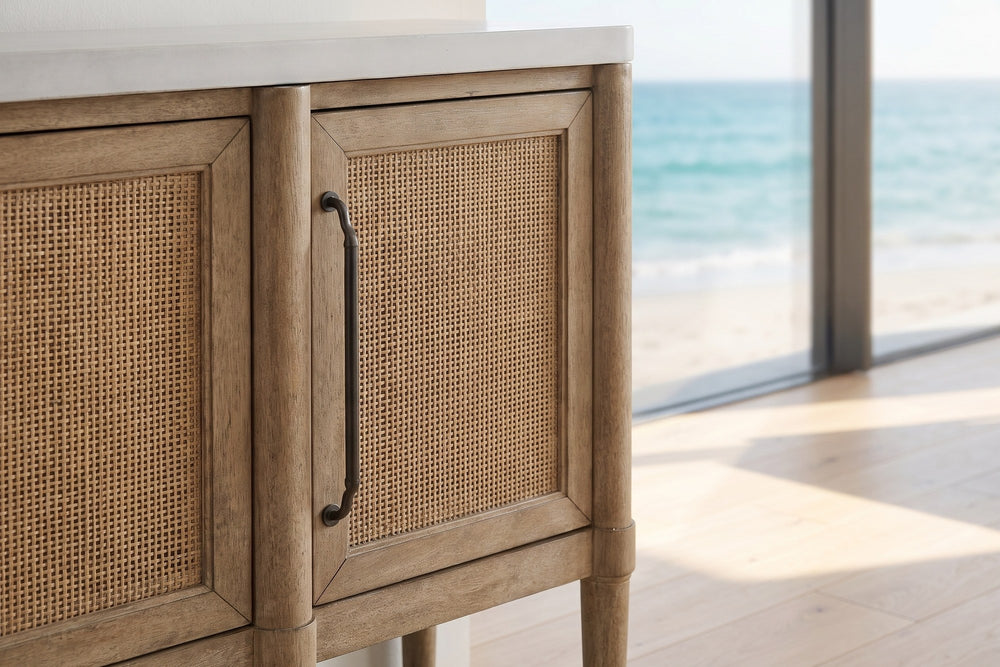 Close-up of the Rombiolo 68-Inch 4-Door Cane and Wood Sideboard with Cement Top: cane pull