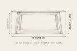 Rossano table dimensions: 78 in long, 29.25 in high, 40 in deep, 25.25 in under the top; chair 20.5 in wide, 22.75 in deep, 30 in high