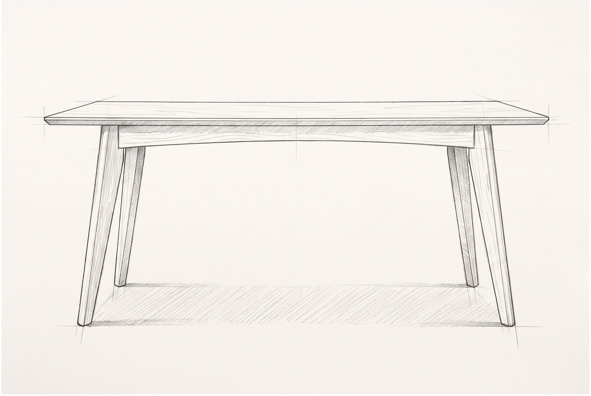 Pencil sketch of the Rossano table, drawn from the same straight view of the long side