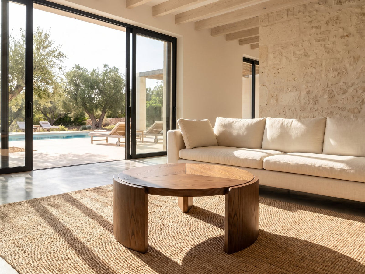 Rovereto Brown Ash Veneer Round Coffee Table on a jute rug in front of a linen sofa in a poolside villa