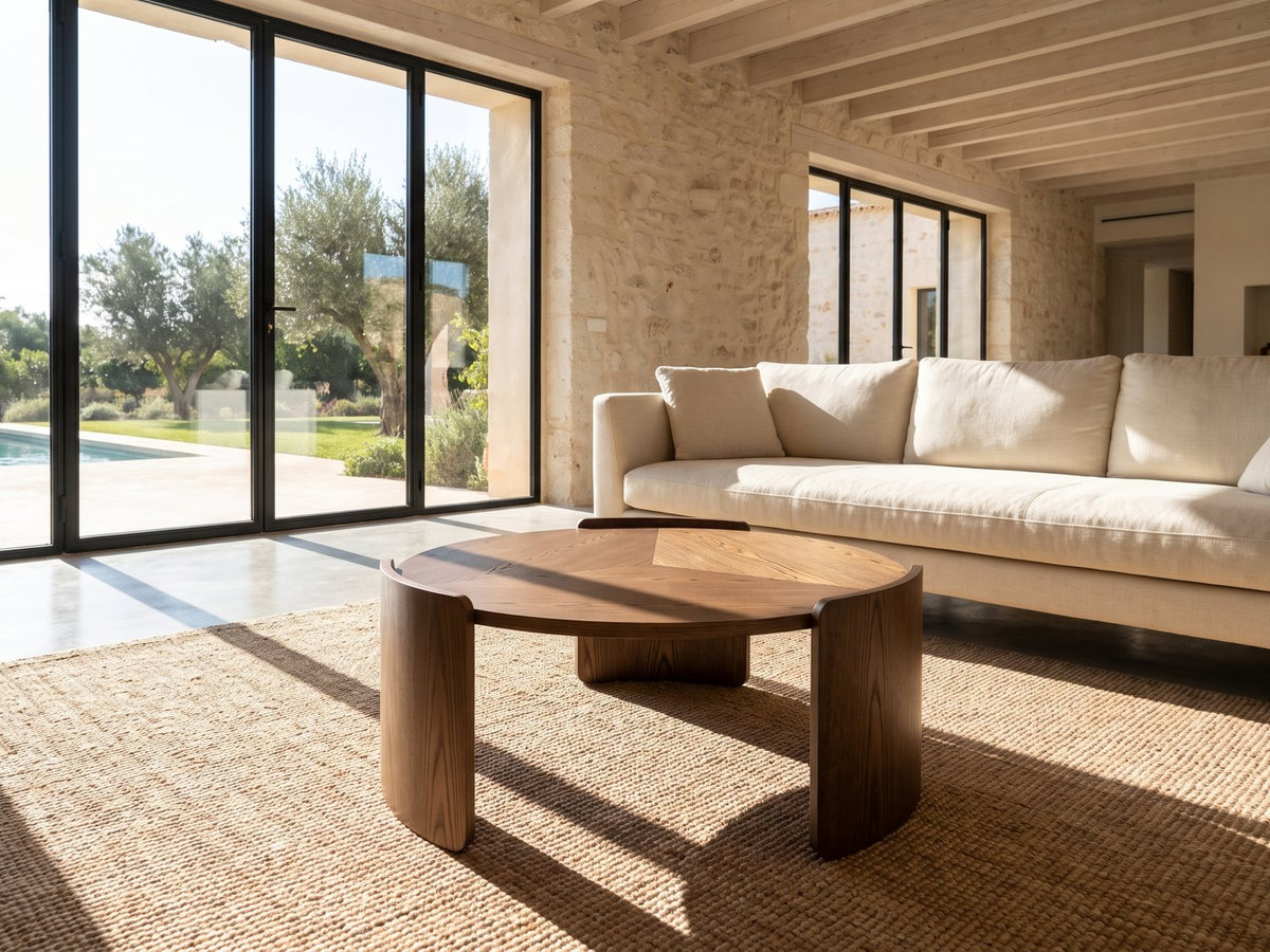 Rovereto Brown Ash Veneer Round Coffee Table seen from the side, on a jute rug in front of a linen sofa in a poolside villa