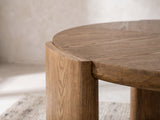 Close-up of the Rovereto Brown Ash Veneer Round Coffee Table: a curved ash leg wrapping the edge of the round top
