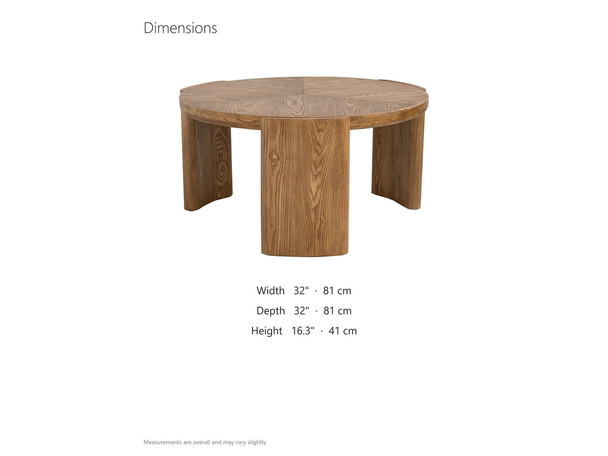 Rovereto Brown Ash Veneer Round Coffee Table dimensions: 32.0 in wide, 32.0 in deep, 16.3 in high