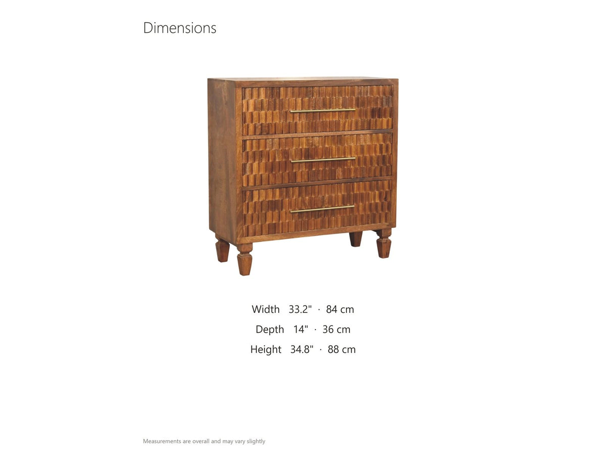 Rovigo 33-Inch Chestnut Carved Mango 3-Drawer Chest dimensions: 33.2 in wide, 14.0 in deep, 34.8 in high