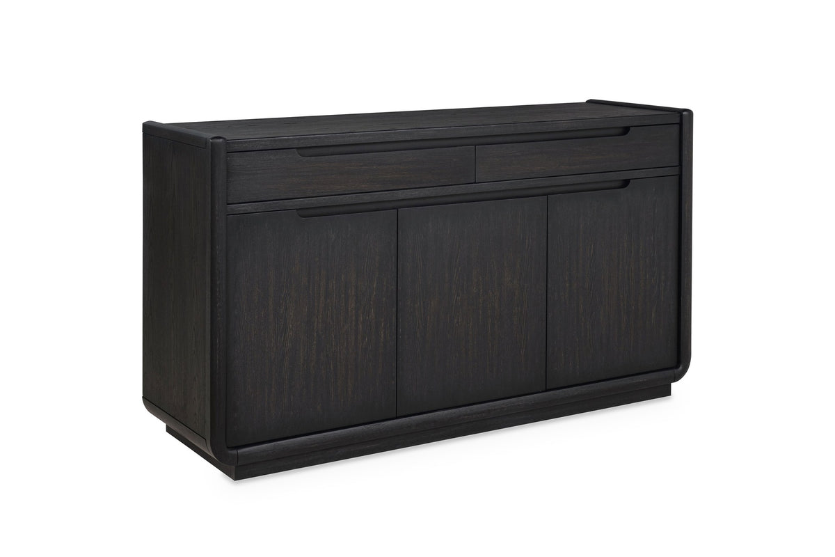 Rovito 64-Inch 3-Door 2-Drawer Burnished Black Ash Veneer Sideboard on a white background