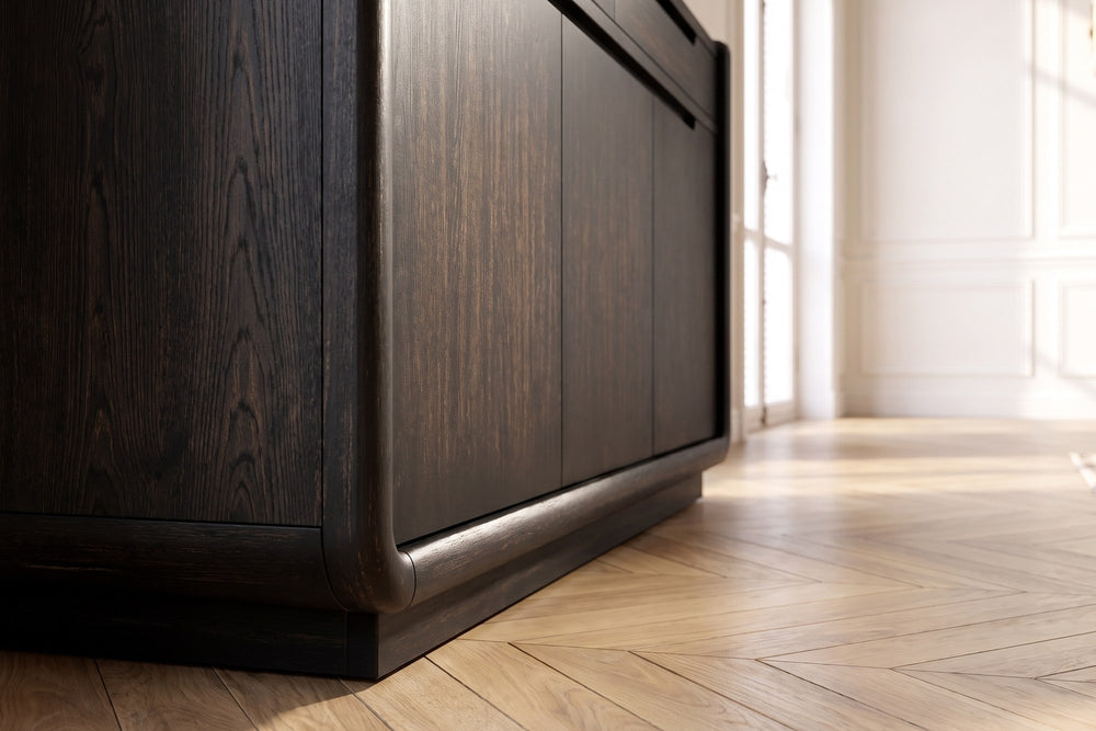 Close-up of the Rovito 64-Inch 3-Door 2-Drawer Burnished Black Ash Veneer Sideboard: corner