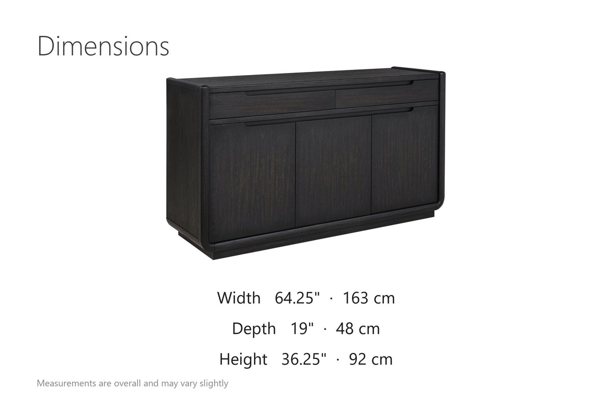 Rovito 64-Inch 3-Door 2-Drawer Burnished Black Ash Veneer Sideboard dimensions