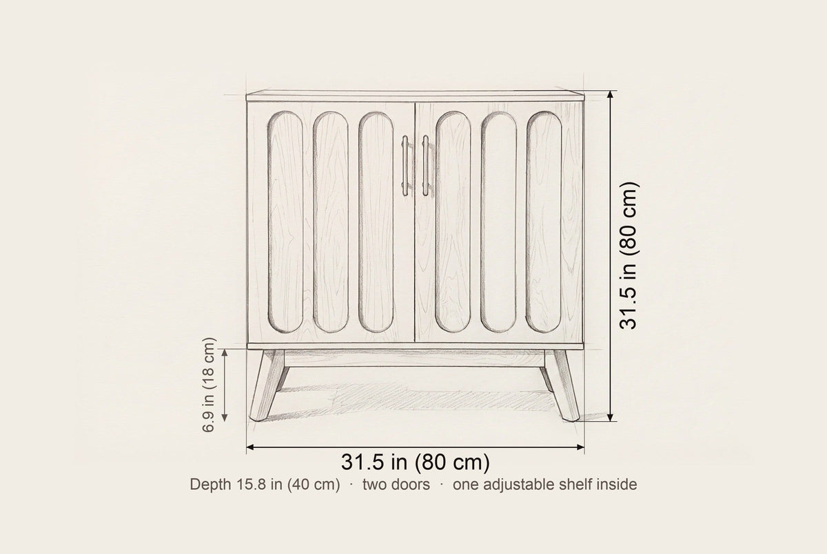 Ruvo cabinet dimensions: 31.5 in wide, 31.5 in high, 15.8 in deep, legs 6.9 in