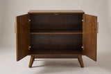 The Ruvo cabinet with both doors swung open, showing a plain walnut-brown interior with one shelf across the middle and two compartments