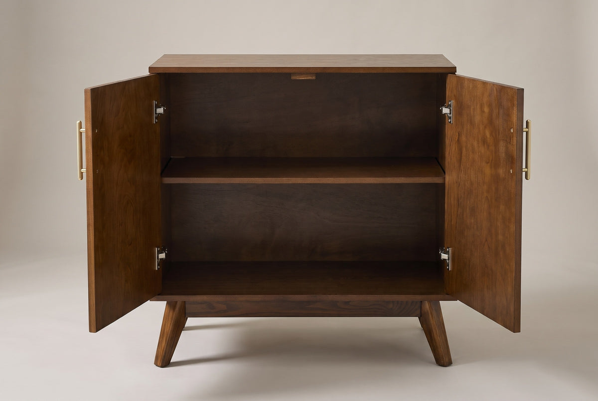 The Ruvo cabinet with both doors swung open, showing a plain walnut-brown interior with one shelf across the middle and two compartments