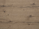 Close-up of the Sacile 70-Inch Weathered Natural Oak 6-Drawer Dresser: the weathered knotty oak grain of a drawer front, with knots and checks