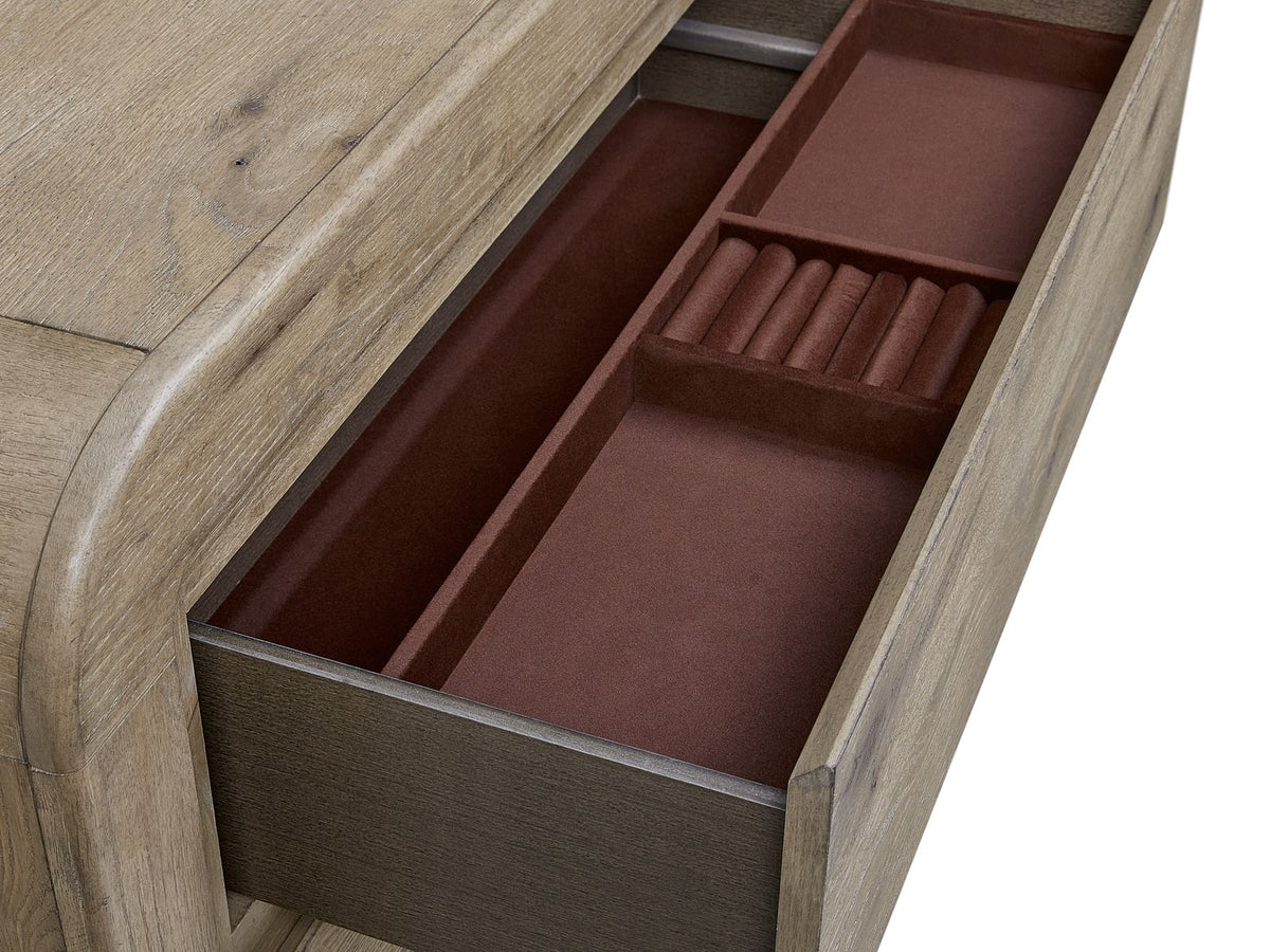 Close-up of the Sacile 70-Inch Weathered Natural Oak 6-Drawer Dresser: felt-lined-jewelry-tray