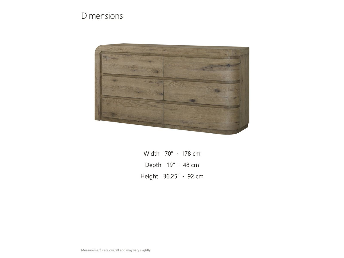 Sacile 70-Inch Weathered Natural Oak 6-Drawer Dresser dimensions: 70.0 in wide, 19.0 in deep, 36.25 in high
