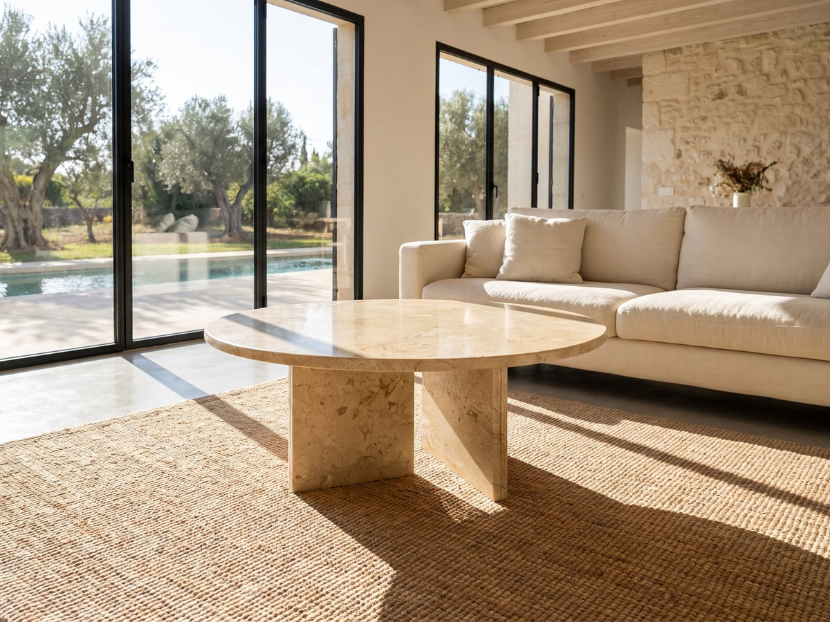 Salina Gold Beige Marble Coffee Table on a jute rug in front of a linen sofa in a poolside villa